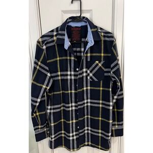RQQBA Mens Plaid Flannel Shirt Navy Blue Yellow White Long Sleeve Button Down L